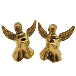 Small Brass Angel Candle Holders Pair Vtg Wings Cherub Christmas Holiday Decor